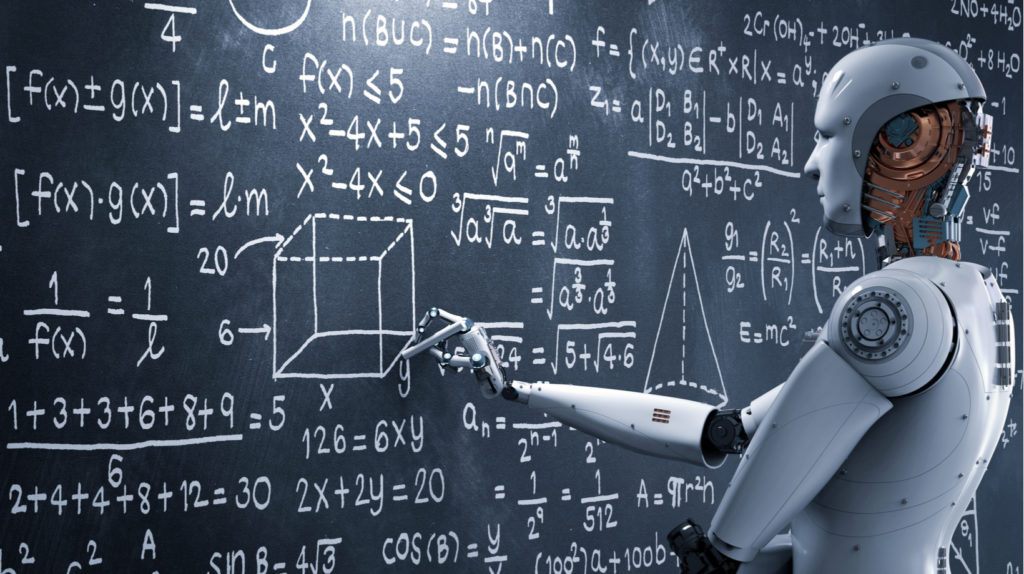 Um robô escrevendo em um quadro negro, representando a inteligência artificial na educação.